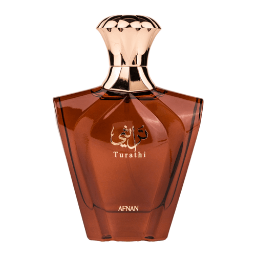 Afnan Turathi Brown men's Eau de Parfum bottle with brown and gold packaging, showcasing a luxury fragrance design.