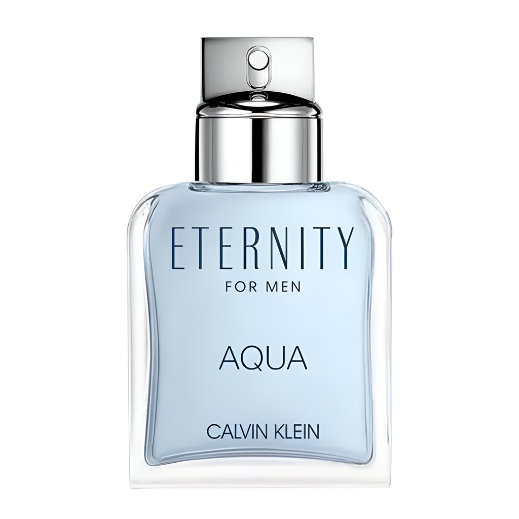 Calvin Klein Eternity Aqua Eau de Toilette 100ml for men, with a sleek glass bottle and blue fragrance liquid.