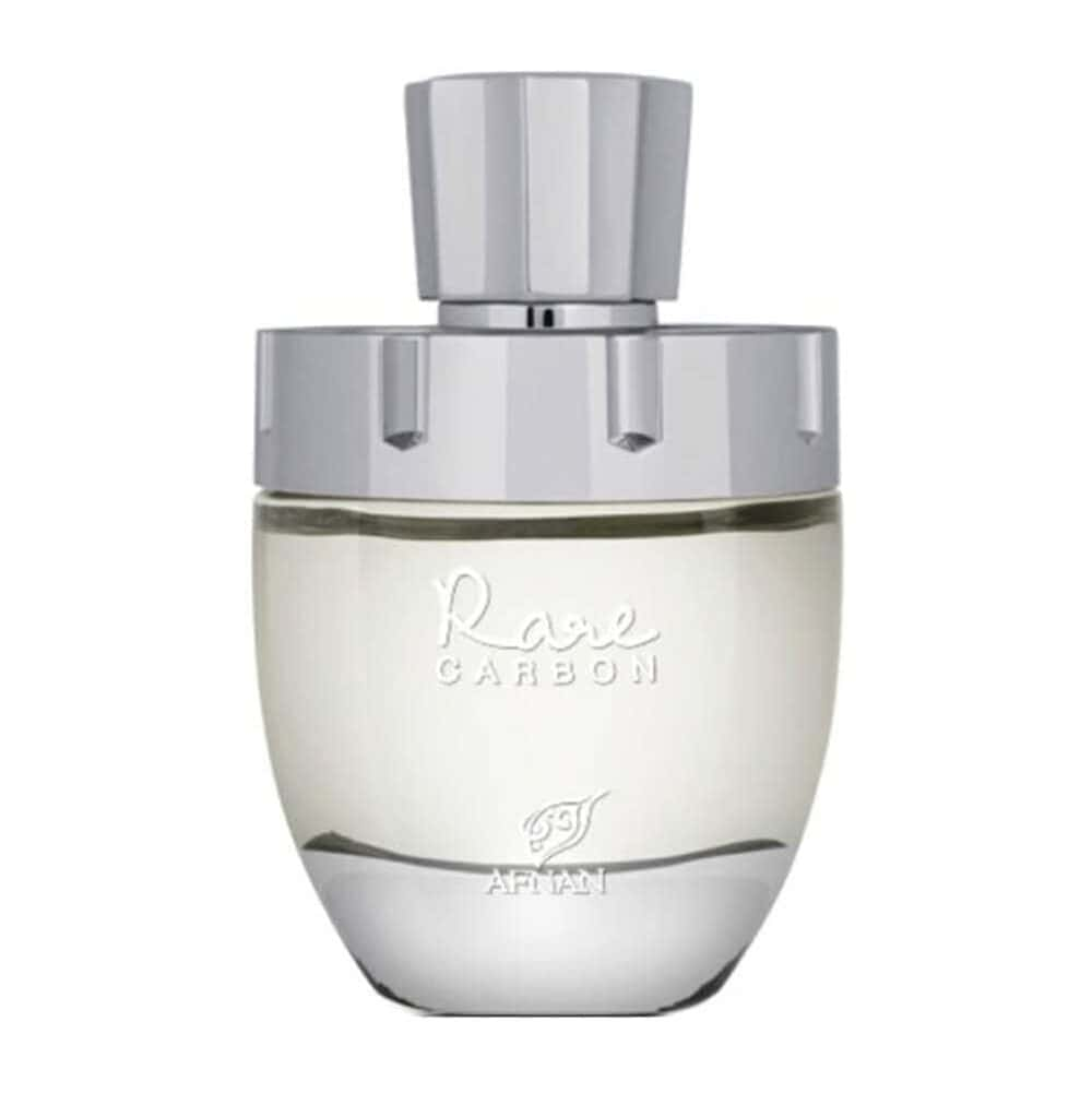 Afnan Rare Carbon men's Eau de Parfum bottle with sleek black and silver design, showcasing the fragrance's elegant packaging.