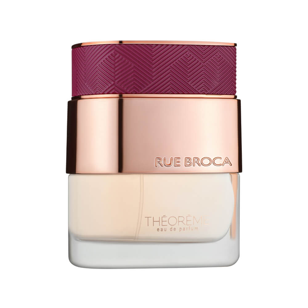 Afnan Rue Broca Theoreme Femme EDP bottle with elegant glass design and gold accents, showcasing the fragrance packaging.