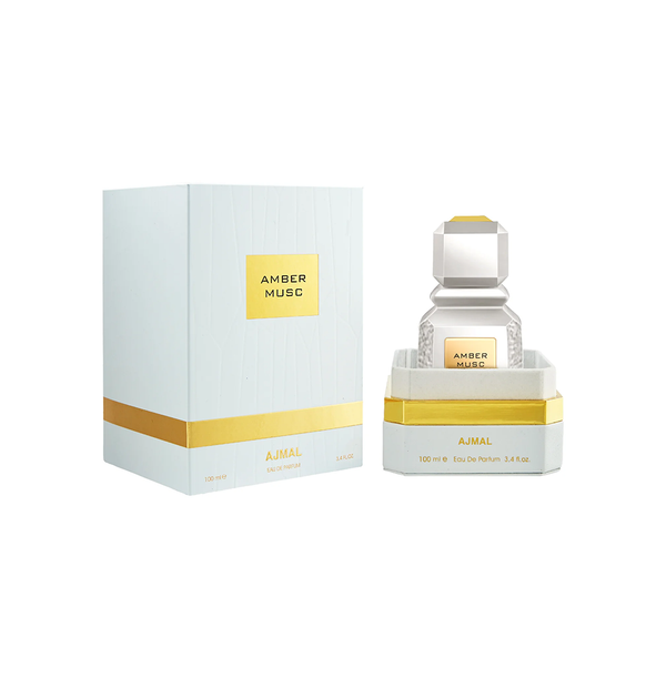 Ajmal Amber Musk Eau de Parfum 100ml bottle for men and women with amber and musky scent, elegant glass bottle.