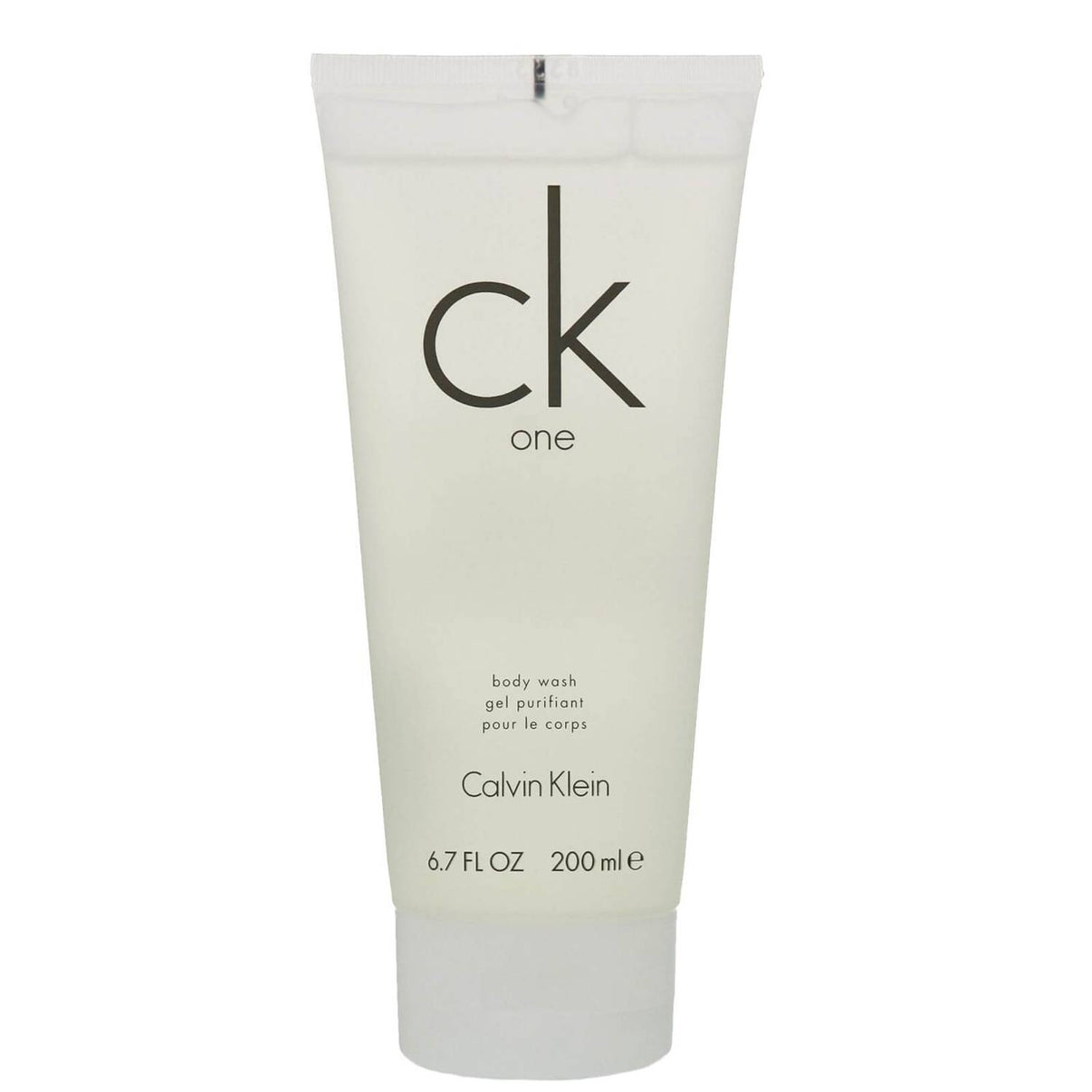 Calvin Klein CK One unisex body wash bottle with sleek label and transparent cap, designed for both men and women.