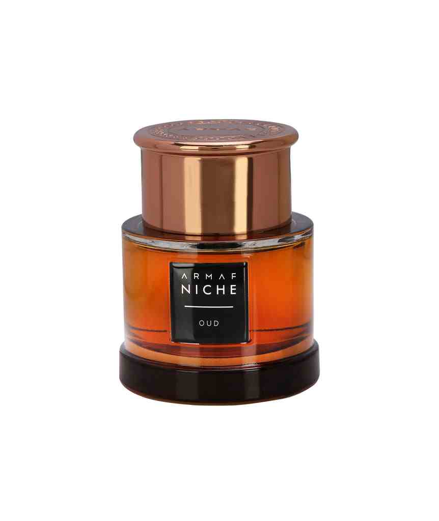 Armaf Niche Oud Edp perfume bottle for women, 90ml, elegant glass container with a sleek design and gold accents