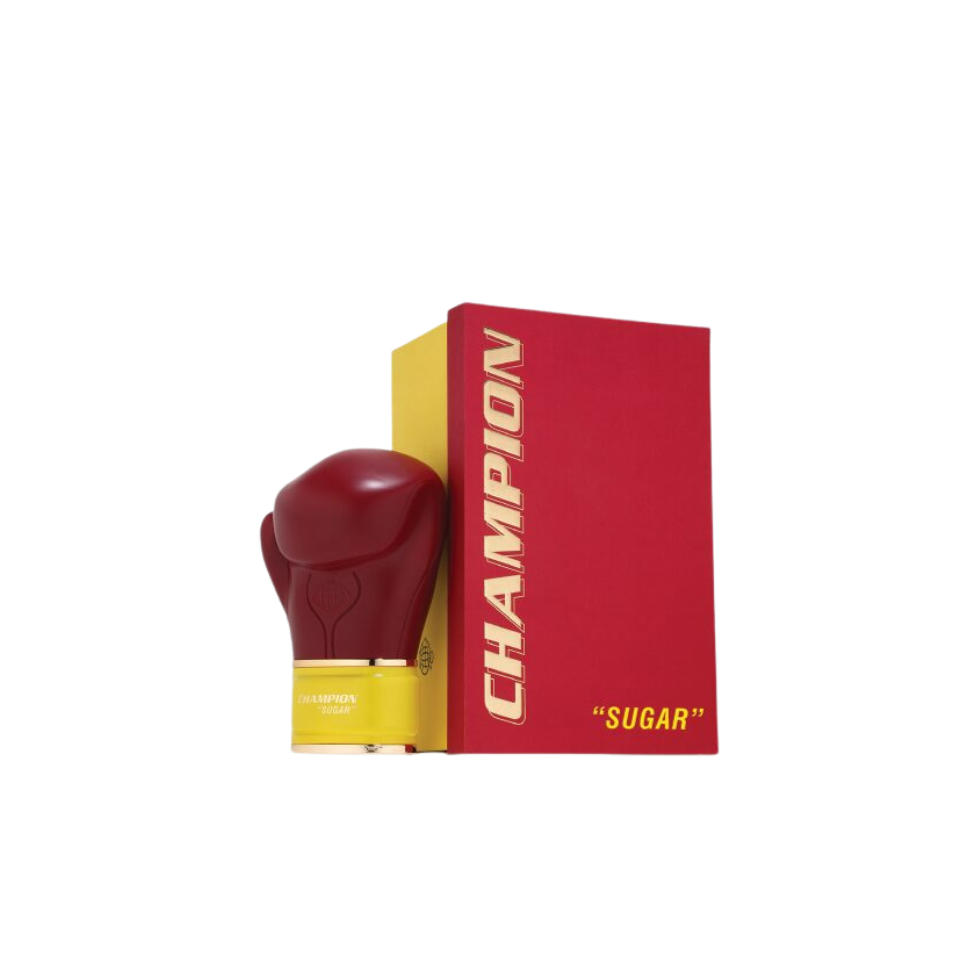 Fragrance World Champion Sugar men's Eau de Parfum bottle, 80ml, with a sleek design and label featuring the fragrance name.