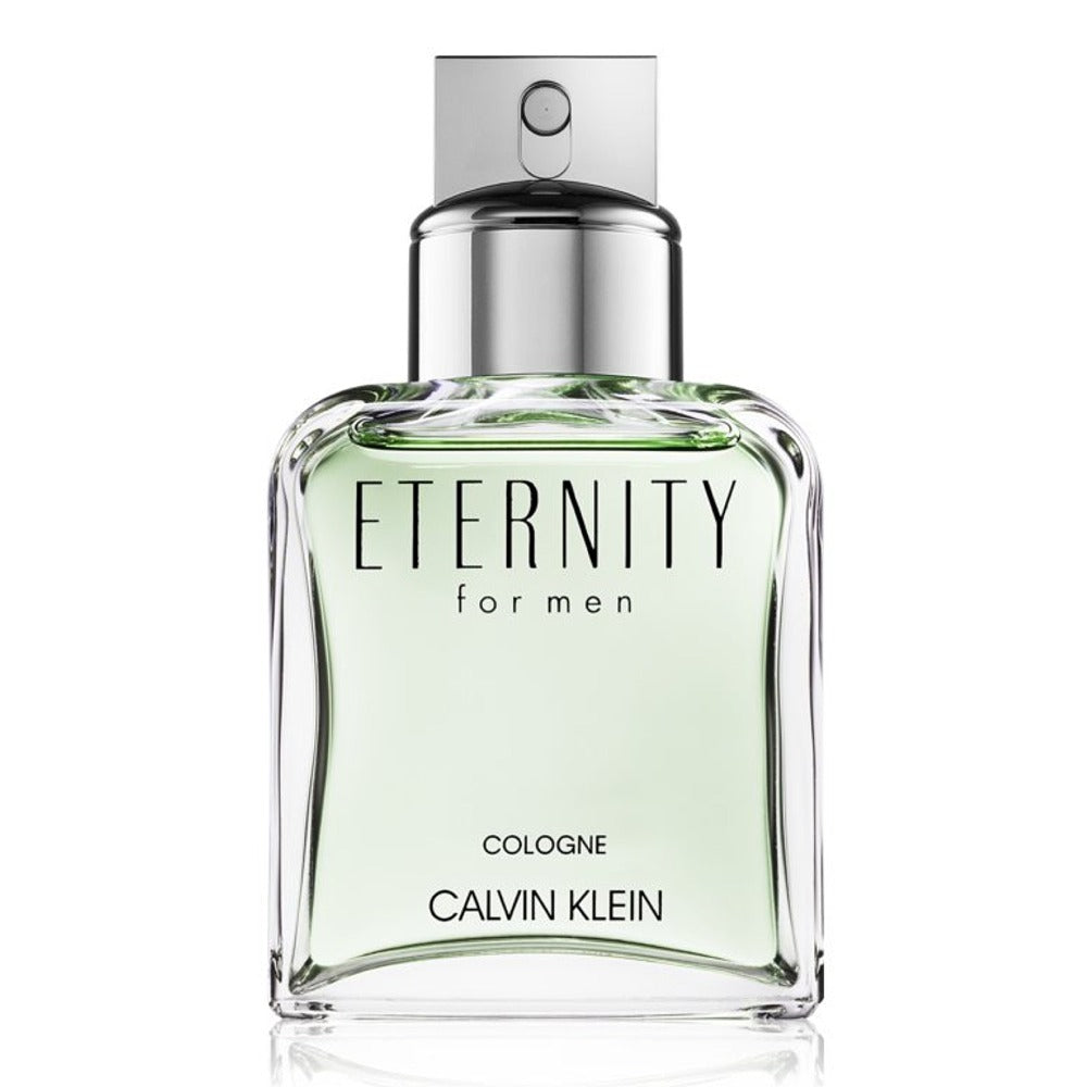 Calvin Klein Eternity Men Cologne 100ml bottle with sleek glass design and silver cap, displayed on a neutral background.