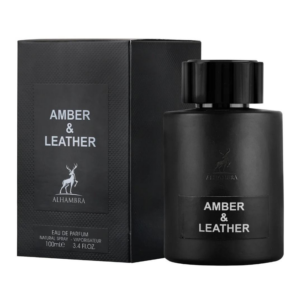 Alhambra Amber & Leather 100m perfume bottle with amber-colored liquid and leather accents, showcasing the elegant packaging.