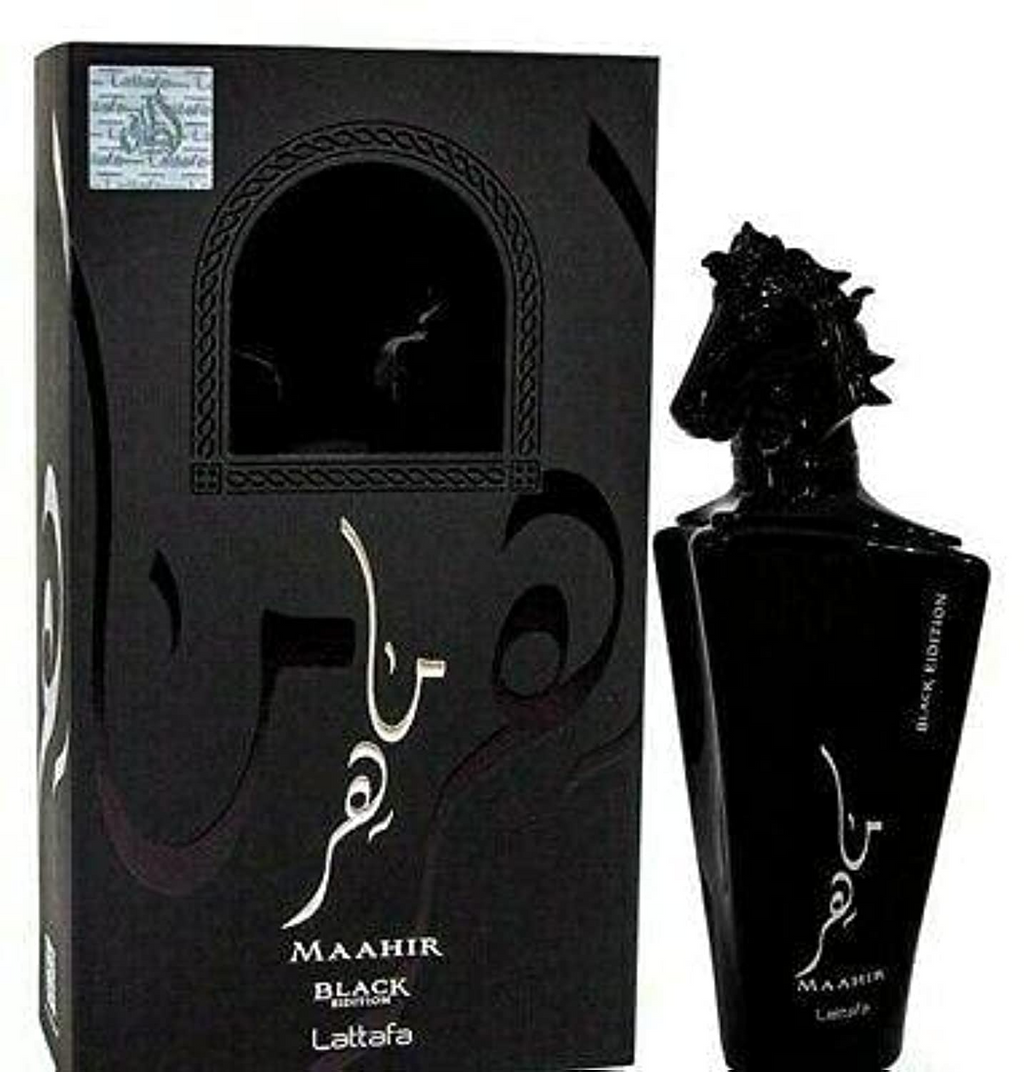 Lattafa Maahir Black Edition Eau De Parfum 100ml bottle for men and women, sleek black glass design with elegant cap.