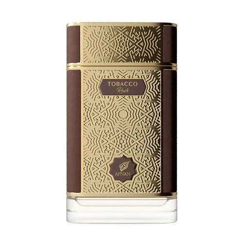 Afnan Tobacco Rush Eau de Parfum bottle with a sleek black and gold design, showcasing the fragrance label.