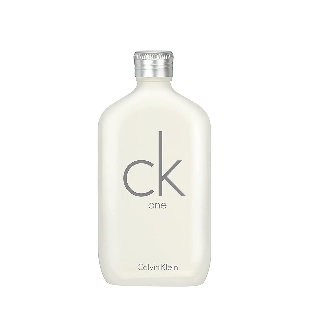 Calvin Klein CK One unisex EDT perfume bottle with minimalist design and clear glass, showcasing the iconic brand logo.