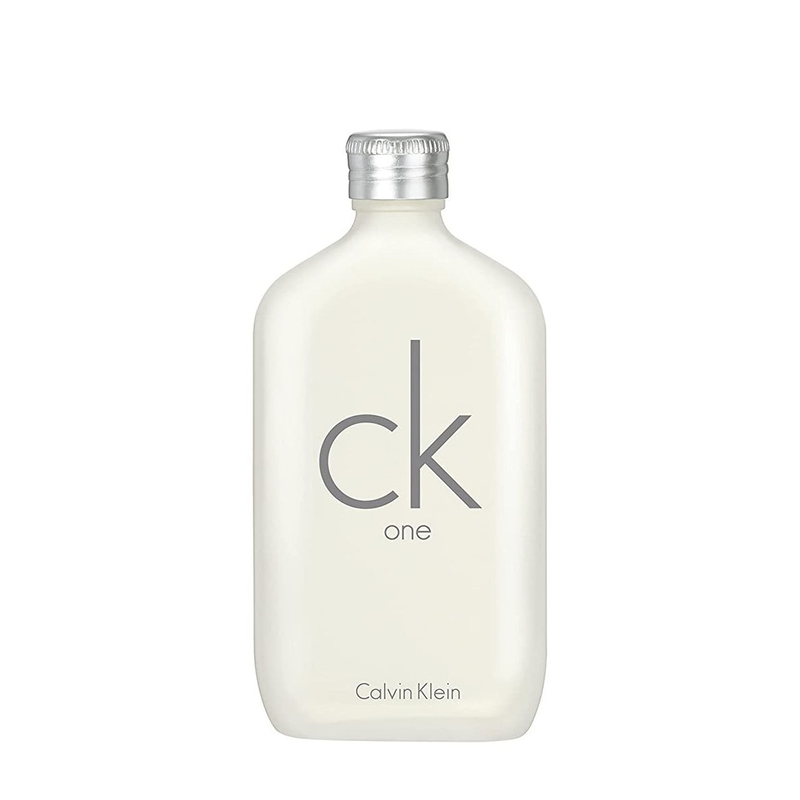 Calvin Klein CK One unisex EDT perfume bottle with minimalist design and clear glass, showcasing the iconic brand logo.