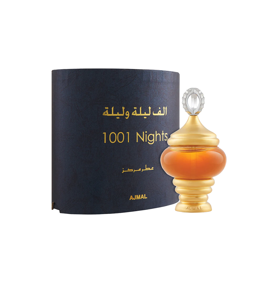 Ajmal 1001 Nights concentrated perfume oil (Attar) 30ml for men and women, featuring a glass bottle with gold cap and elegant packaging.