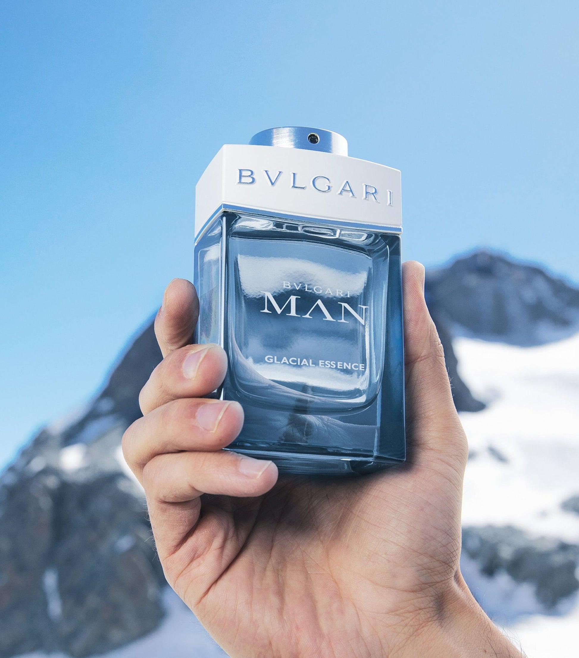 Tester Bvlgari Man Glacial Essence Eau De Parfum 100ml bottle showing clear glass and silver cap, with label visible.