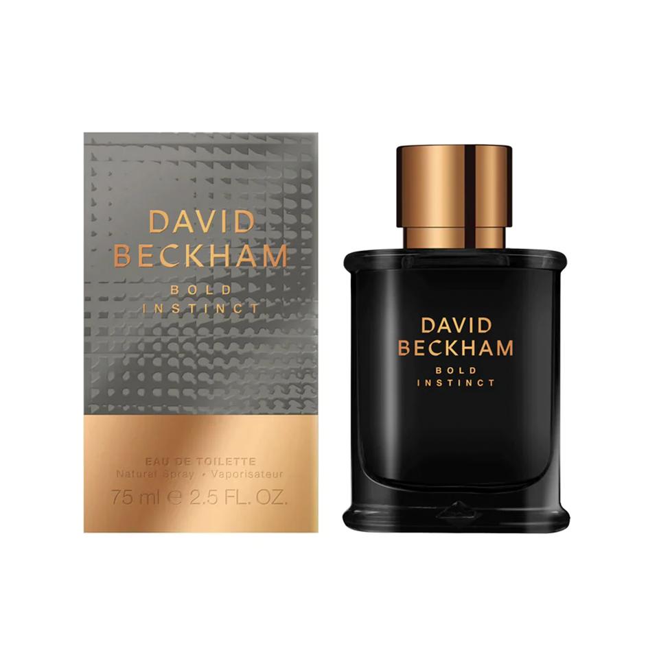 David Beckham Bold Instinct Eau De Toilette 75ml for men, featuring the sleek bottle with dark and metallic accents.