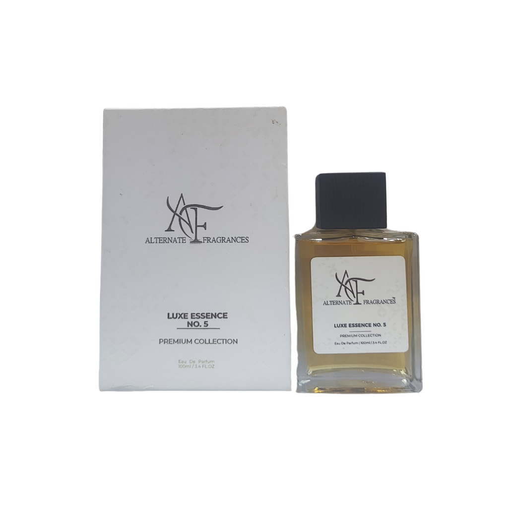 Elegant bottle of Luxe Essence No. 5 EDP perfume by Rini Deals, showcasing a sleek design with a clear glass container.