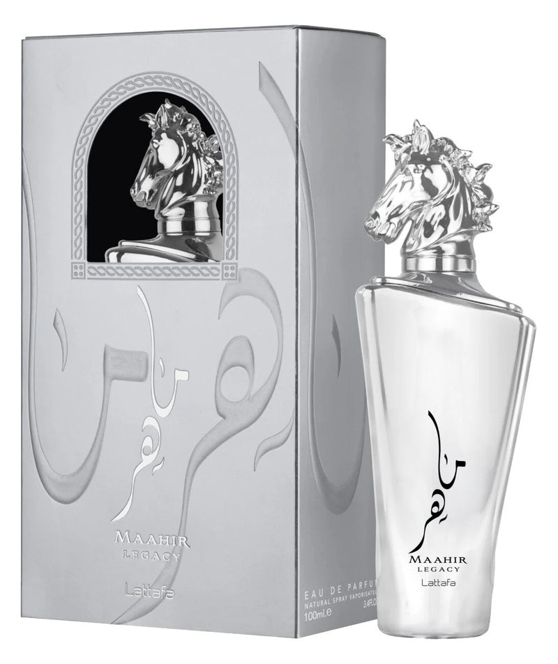 Lattafa Maahir Legacy Eau De Parfum 100ml for men and women, stylish bottle of perfume with elegant design.