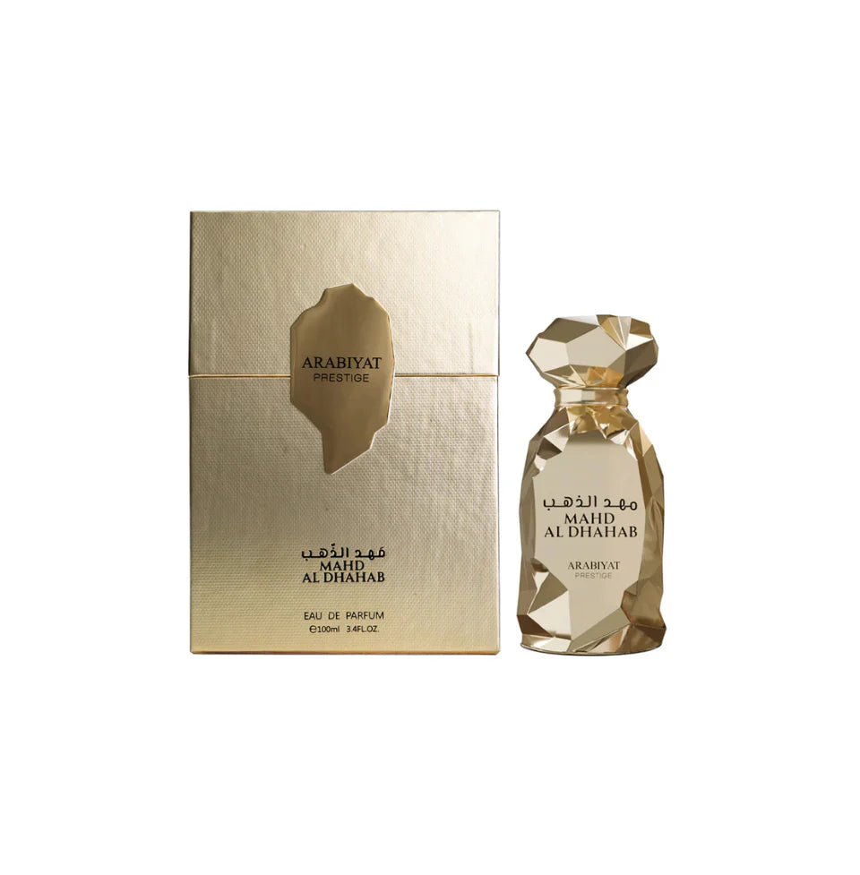 Arabiyat Prestige Mahd Al Dhahab Eau De Parfum 100ml bottle for men and women, elegant glass container with gold accents.