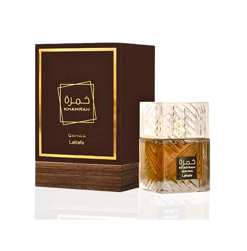 Lattafa Khamrah Qahwa Eau De Parfum bottle with gold accents, 100ml, elegant design for men and women.