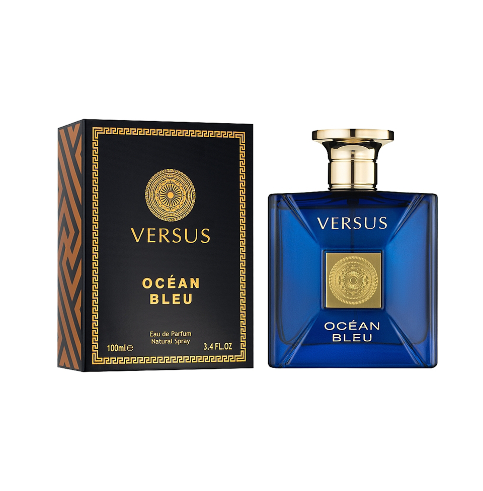 Fragrance World Versus Ocean Bleu 100ml Eau de Parfum for men and women, showcasing the sleek bottle and label design.