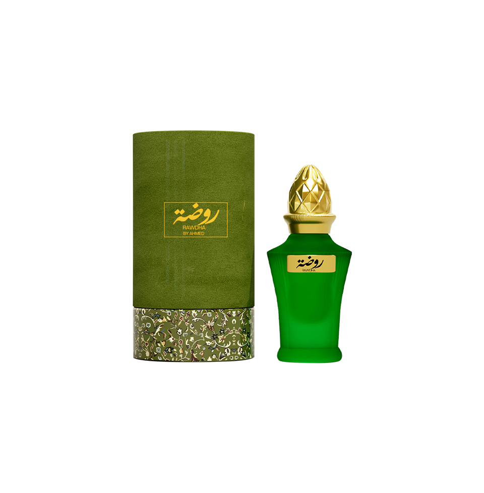 Ahmed Al Maghribi Rawdha concentrated perfume oil (attar) 10ml for men and women, featuring a small glass bottle with a metal cap.
