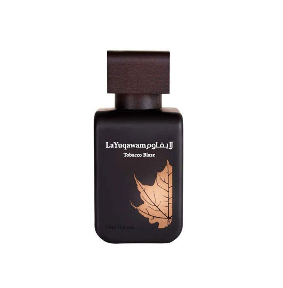 Rasasi La Yuqawam Tobacco Blaze Eau De Parfum for men, 75ml bottle with dark packaging and elegant design.