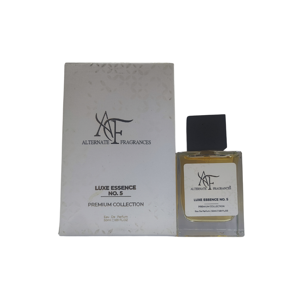 Elegant bottle of Luxe Essence No. 5 Eau de Parfum by Rini Deals, showcasing the sophisticated fragrance packaging.