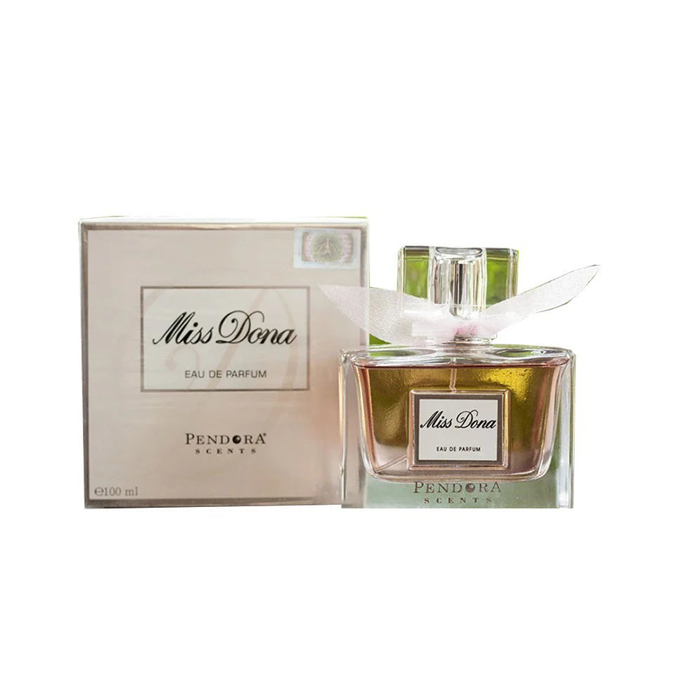 Pendora Cents Miss Dona Rossa Eau De Parfum 100ml for women, featuring a sleek bottle with a deep red liquid fragrance.