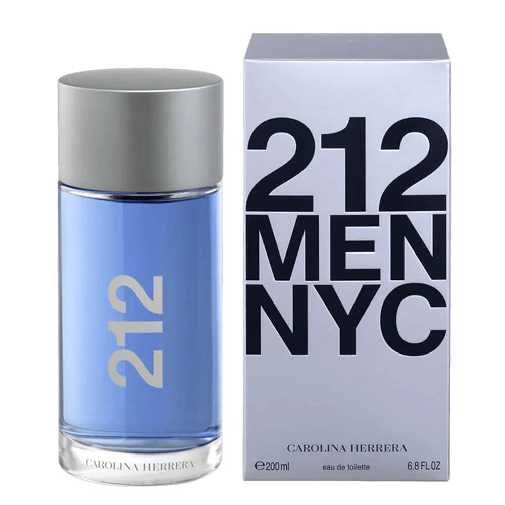 Carolina Herrera 212 Men NYC Eau De Toilette 100ml bottle with sleek design and clear glass showcasing the fragrance inside.