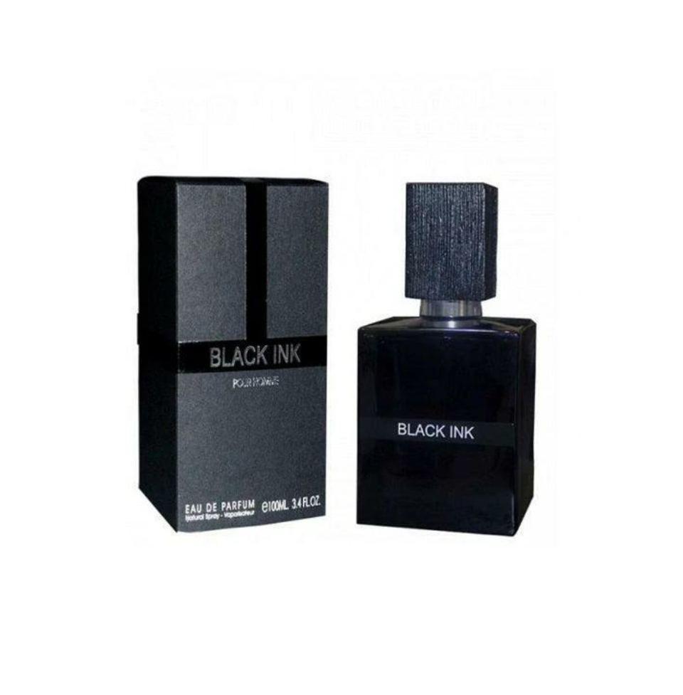 Fragrance World Black Ink Eau de Parfum for men, 100ml bottle with sleek black packaging and modern design.