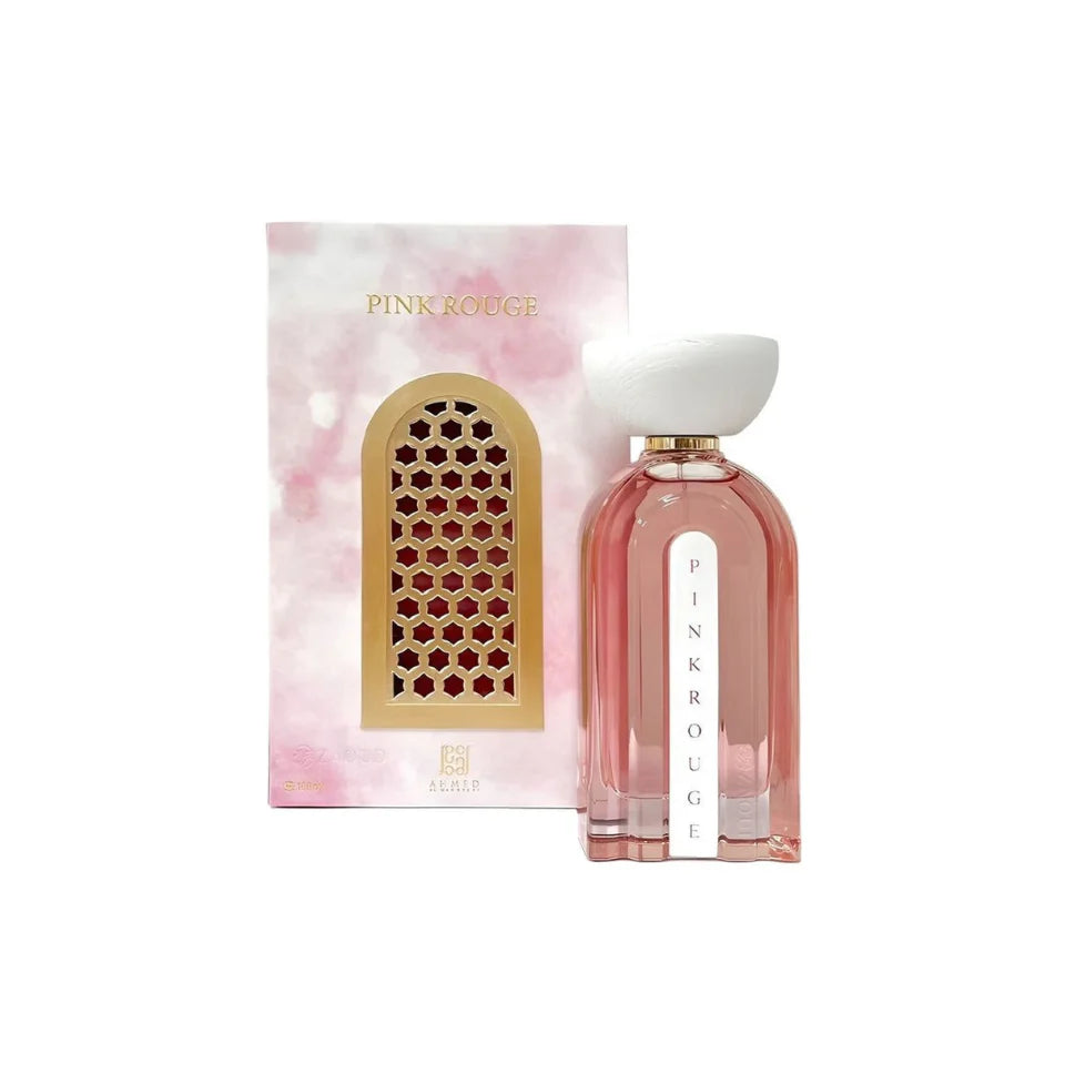 Ahmed Al Maghribi Pink Rouge Eau De Parfum 100ml for women, featuring a pink bottle with elegant design and floral accents.