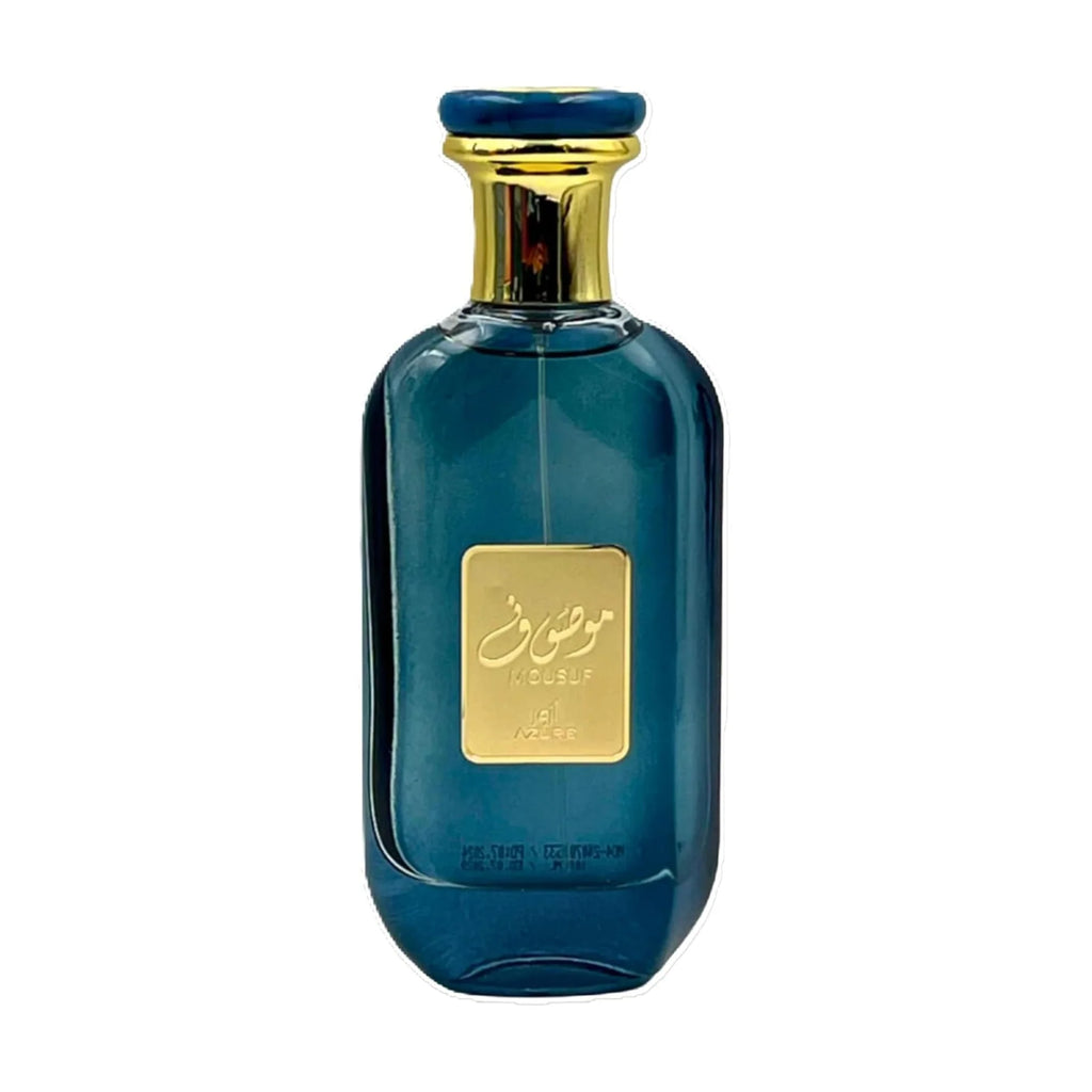 Ard Al Zaafaran Mousuf Azure perfume bottle for men and women, 100ml, with elegant blue design and silver cap.