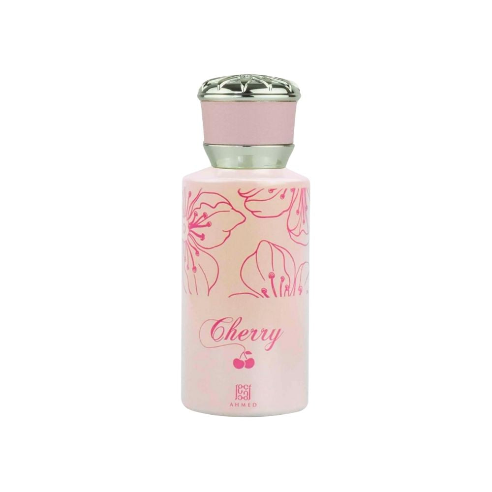 Ahmed Al Maghribi Cherry Eau de Parfum 50ml for women, elegant glass bottle with cherry scent and floral accents.