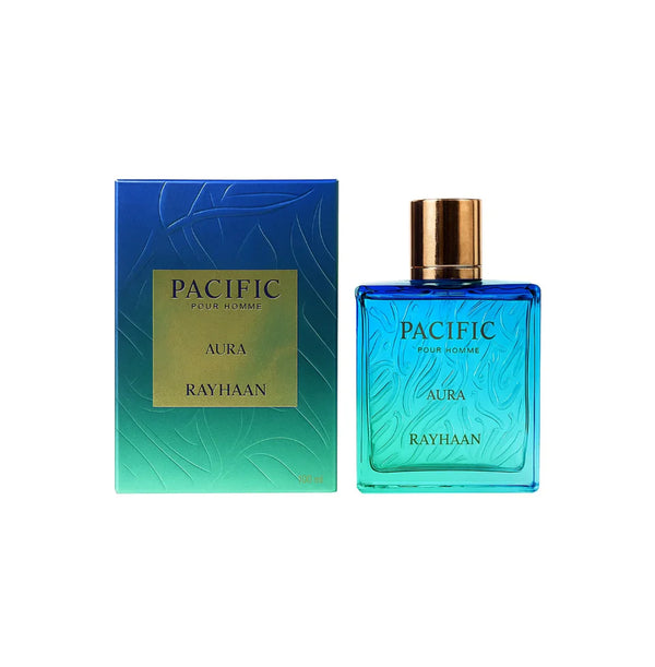 Rayhaan Pacific Aura Eau De Parfum for men in a 100ml bottle, featuring sleek packaging and a sophisticated fragrance design.
