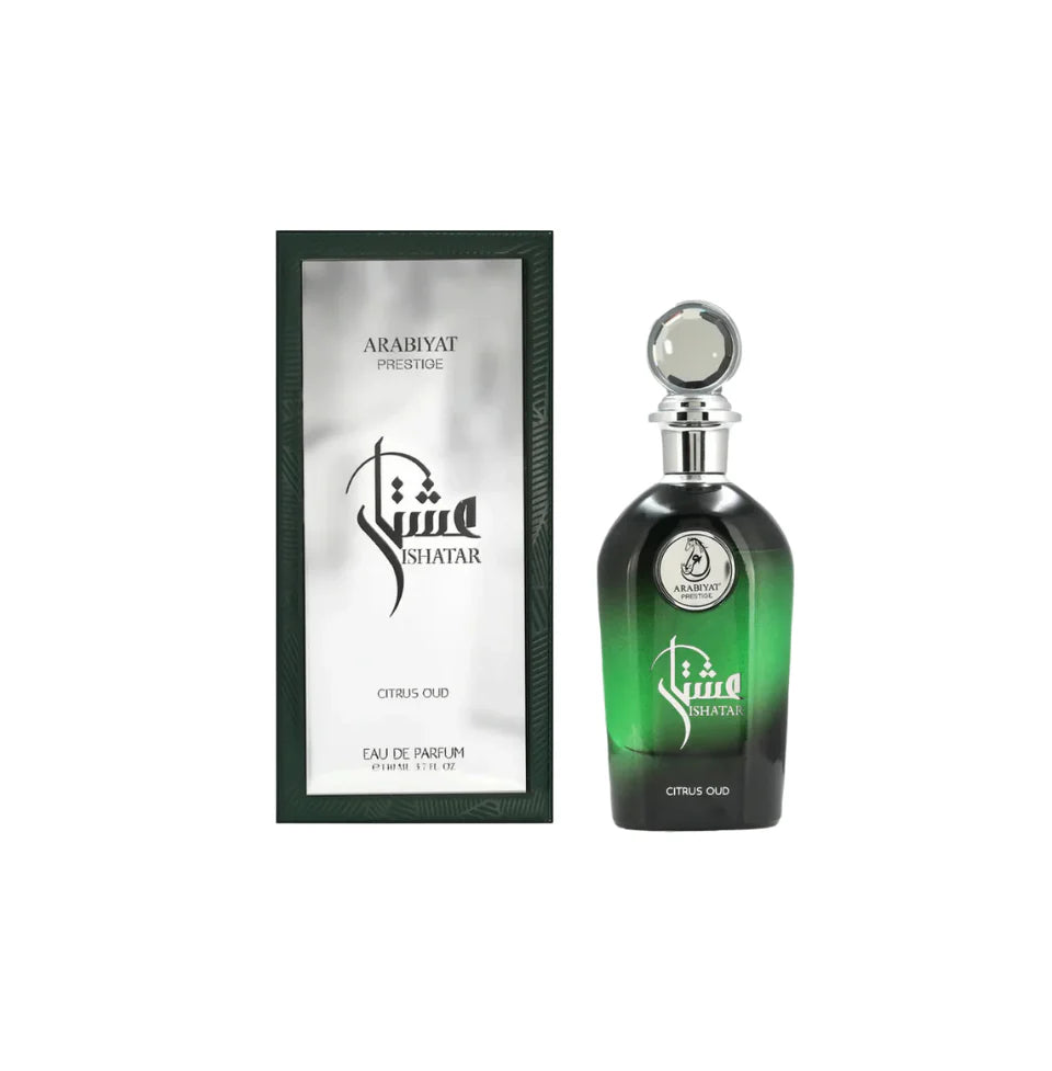 Arabiyat Prestige Ishatar Citrus Oud Eau De Parfum bottle by Rini Deals, 110ml, with elegant design and citrus-oud scent for men and women.