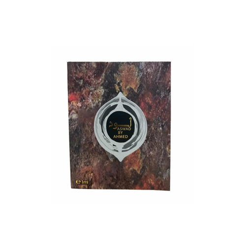 Ahmed Al Maghribi Aswad concentrated perfume oil vial, 1ml, for men and women, featuring dark-colored attar in a small glass bottle.