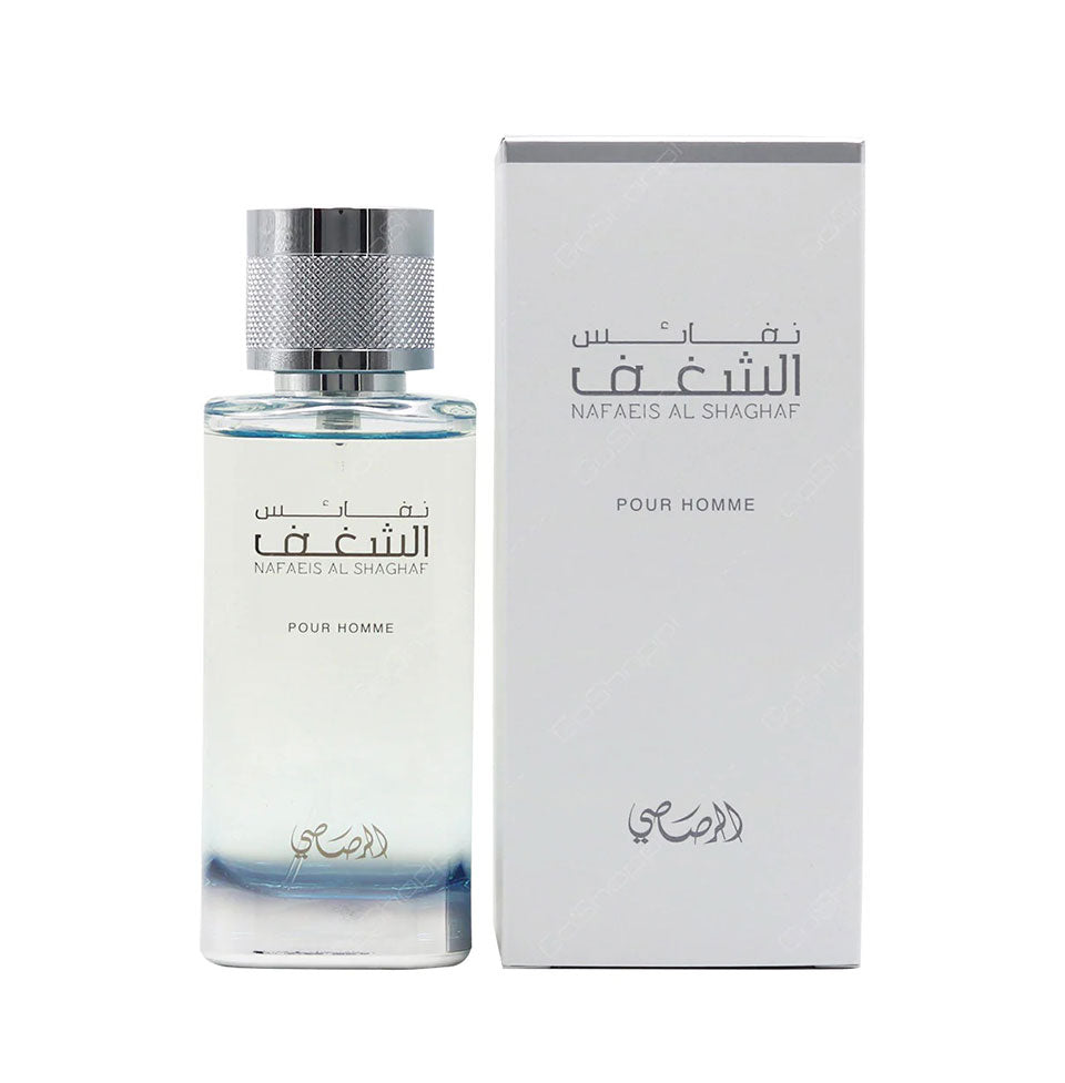 Rasasi Nafaeis Al Shaghaf Pour Homme 100ml Eau de Parfum bottle for men with elegant packaging and darker glass design