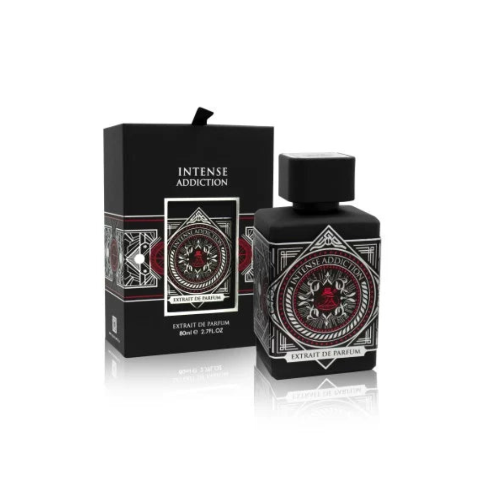 Fragrance World Intense Addiction Extrait de Parfum 80ml bottle for men and women, elegant glass container with black cap.