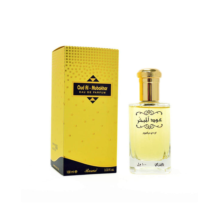 Rasasi Oud Al Mubakhar EDP perfume bottle for women and men, 100ml, with elegant packaging and fragrance details visible.