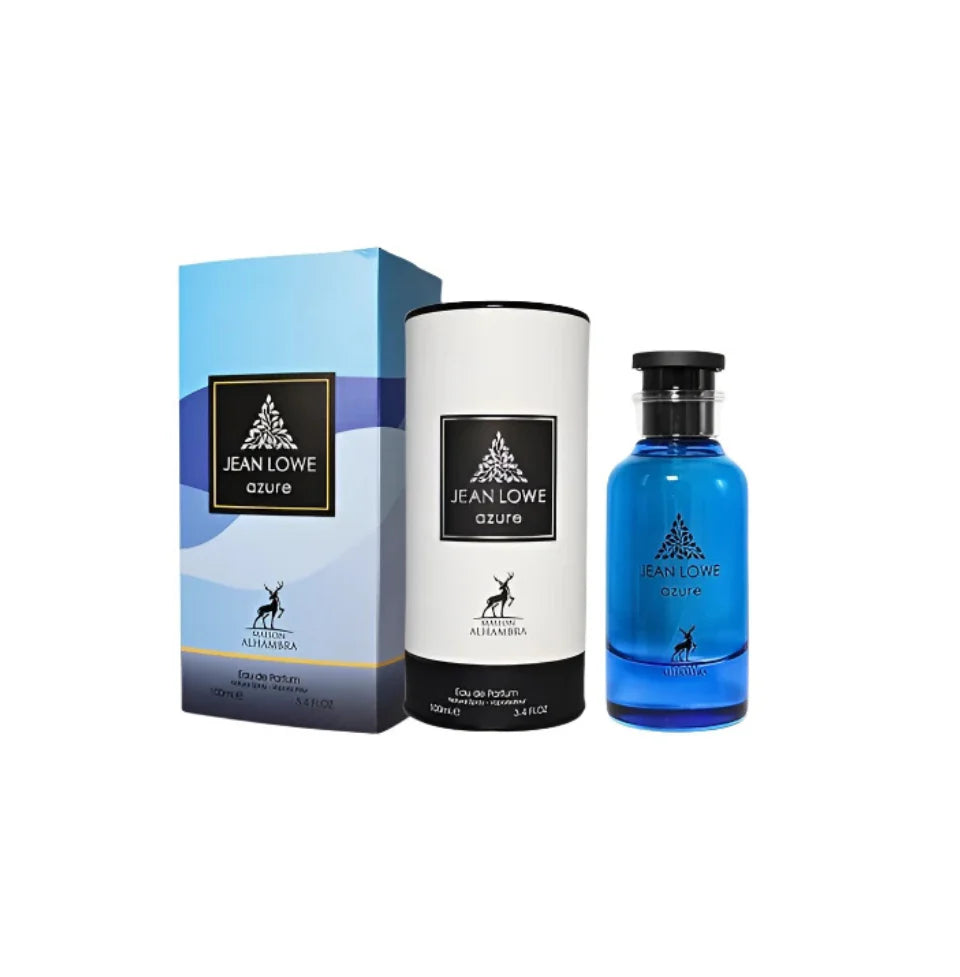 Maison Alhambra Jean Lowe Azure Eau De Parfum 100ml for men and women, featuring sleek bottle design and vibrant blue fragrance.