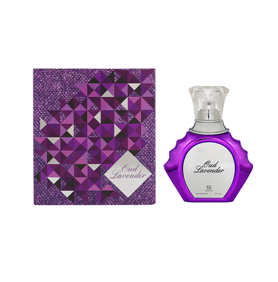 Ahmed Al Maghribi Oud Lavender Eau de Parfum for women, 75ml bottle with elegant packaging and lavender accents.