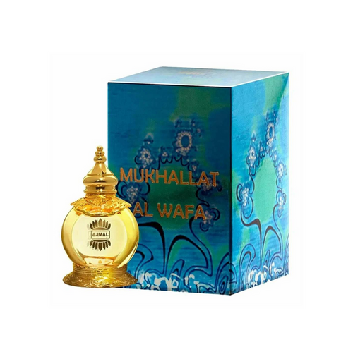 Ajmal Mukhallat Al Wafa concentrated perfume oil for men and women, featuring elegant glass bottle and fragrance drops.