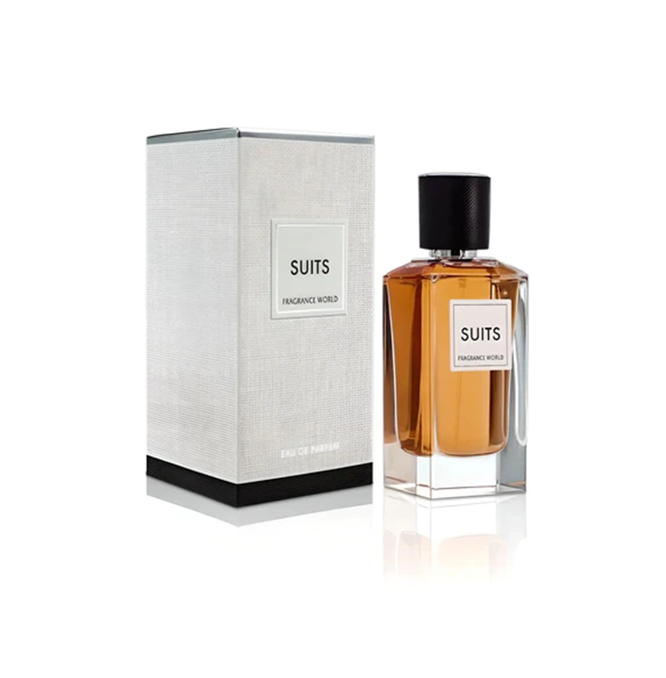 Fragrance World Suits Eau de Parfum 100ml bottle for men and women, sleek design with a modern fragrance bottle.