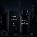 Alhambra Amber & Leather 100m fragrance bottle with amber-colored liquid and leather accents, showcasing elegant packaging.