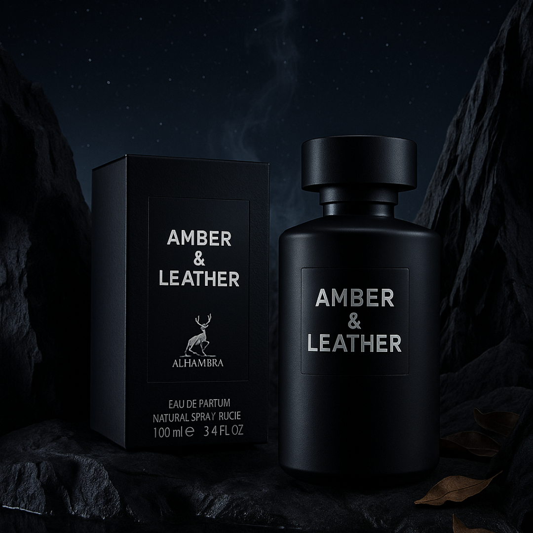 Alhambra Amber & Leather 100m fragrance bottle with amber-colored liquid and leather accents, showcasing elegant packaging.