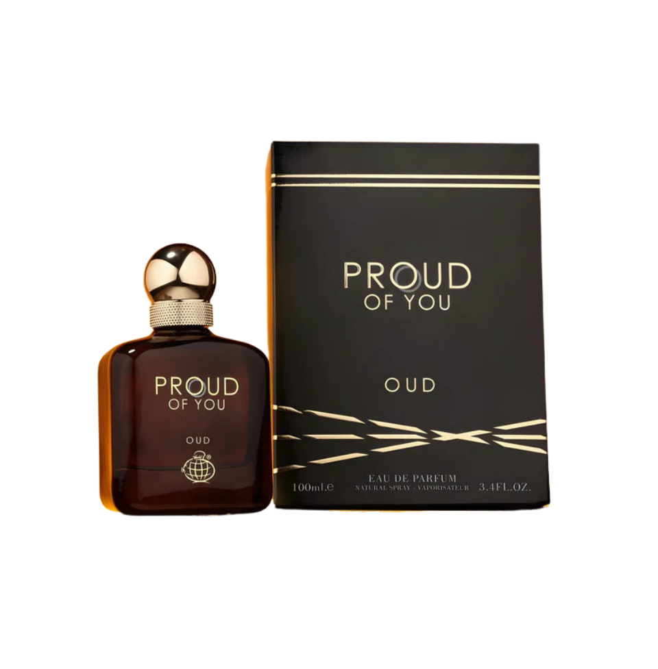 Fragrance World Proud of You Oud Eau de Parfum for men, 100ml bottle with sleek packaging and elegant design.
