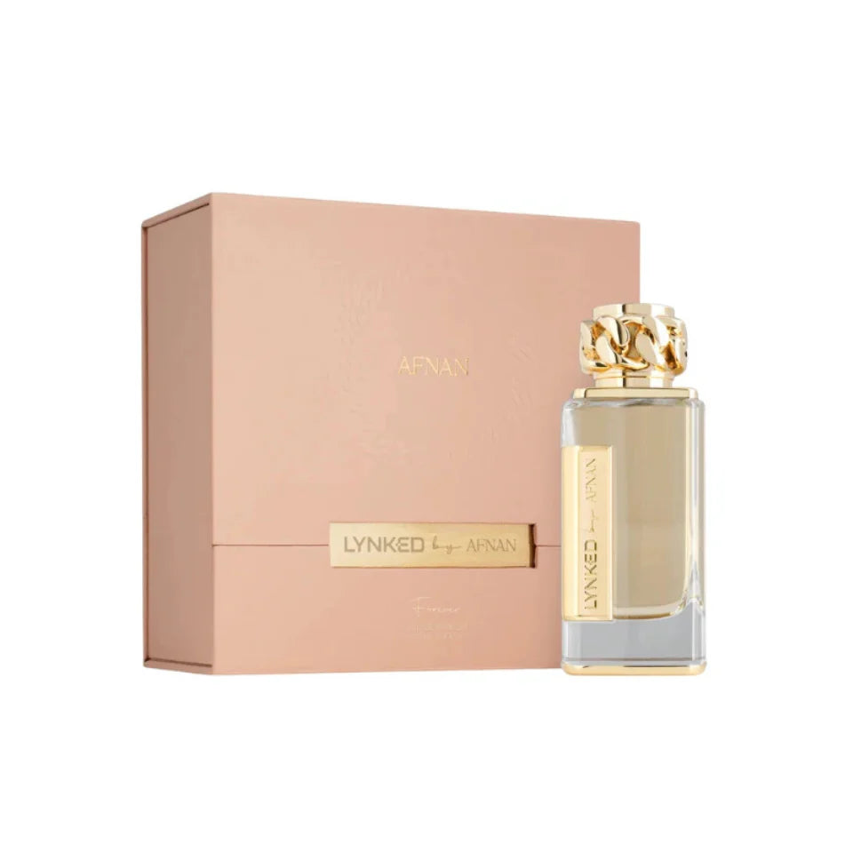 Afnan Lynked Forever Eau De Parfum 100ml for women, sleek perfume bottle with gold accents and floral design.