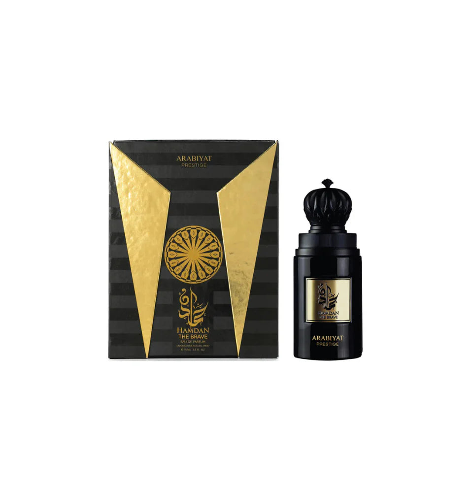 Arabiyat Prestige Hamdan The Brave Eau De Parfum 75ml for men, featuring a sleek bottle with elegant design and gold accents.
