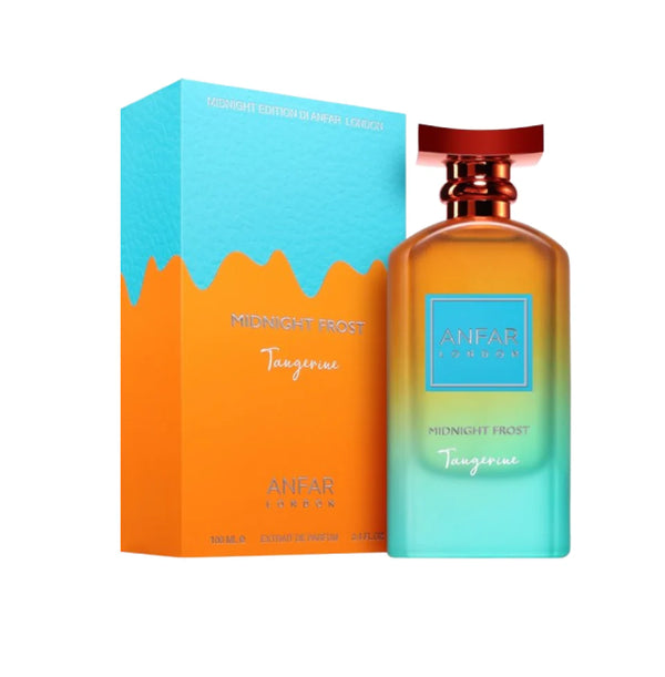 Anfar Midnight Frost Tangerine EDP for men and women in a 100ml bottle, featuring a sleek design and vibrant orange accents.
