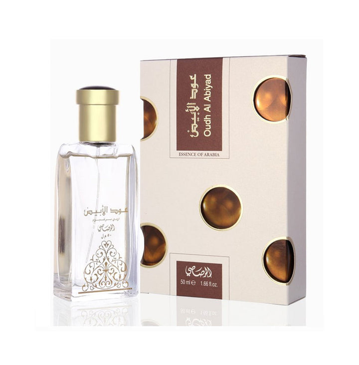 Rasasi Oudh Al Abiyad Eau De Parfum 50ml bottle for men and women, elegant glass container with a sleek design.