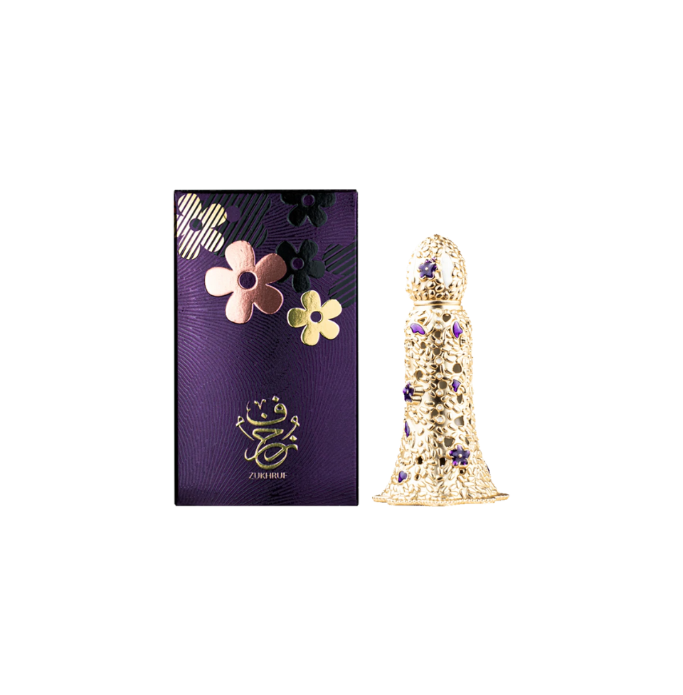 Ahmed Al Maghribi Zukhruf concentrated perfume oil 12ml for men and women, featuring elegant packaging and a luxurious scent.