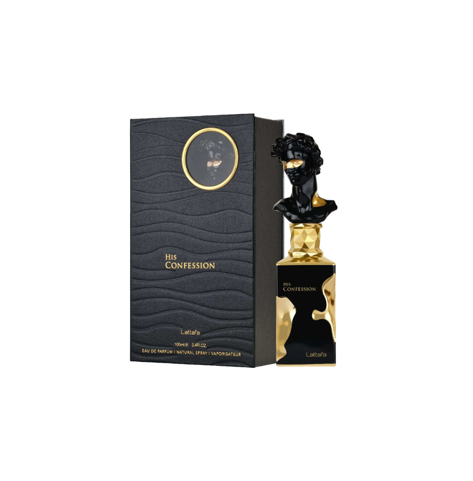 Lattafa His Confession Eau De Parfum 100ml for men, featuring a sleek glass bottle with a dark-colored cap.
